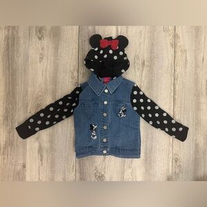 Disney Girls Denim Jean Jacket with Black Polka Dot Minnie Hood and Red Bow